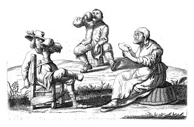 On the left, a farmer is sitting on a chair, who is drinking from a pitcher. Opposite him, a woman sits on an upturned basket, where she reads aloud with glasses on her nose