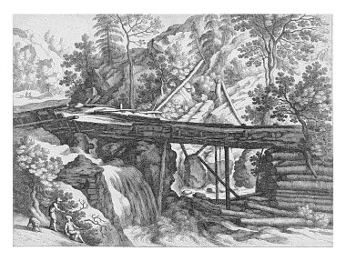 A wooden aqueduct over a stream in a mountain landscape. To the left of the aqueduct a waterfall, bottom left two men and a dog. Print from a series of Italian landscapes.