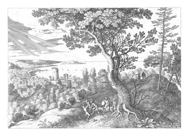 In a landscape a man is attacked and beaten by four robbers. Two men watch on the hill. This is probably the man who is attacked from the Bible