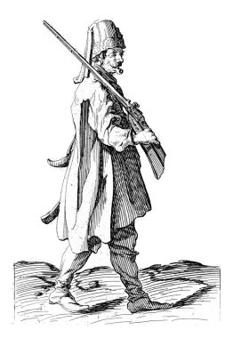 Man in oriental clothes with a musket on his shoulder. The print is part of a series of twelve prints with standing figures.