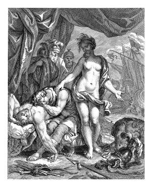 Achilles leans, grieving, on the dead body of his friend Patroclus. Next to them is Thetis, comfortingly, with her hand on Achilles' shoulder