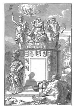 Allegory of the victorious Habsburg Netherlands: the Dutch Virgin sits enthroned on a pedestal with the coats of arms of the Seventeen Provinces, and is honored by an angel