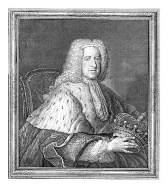 Half-length portrait to the right of Thomas Bruce, Earl of Ailesbury, sitting on a chair and holding a crown. Below the portrait a family crest and a five-line text in French.