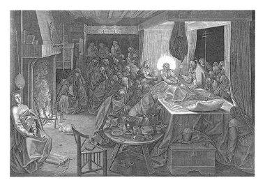 In a room with Gothic paneling, Mary lies on her deathbed, a candle in her hand, held by a priest. A monk with a bell at the foot. On the left a group of apostles and mourning figures