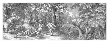 A richly dressed gentleman shoots a bear in the back from his horse. Another gentleman impales the beast with a spear, also from his horse. Dogs and servants with spears also attack the animal.