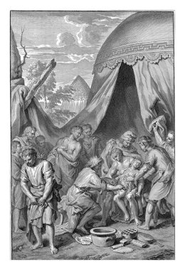 Abraham circumcises his son Ishmael, helped by members of his family. In the foreground a man who has just been circumcised
