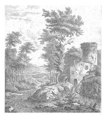 A river running downhill with trees on either side. To the left a house with a tower and water wheel. In the background a valley with a bridge or aqueduct.