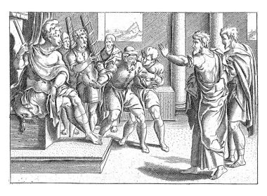 Paul and Barnabas stand before the proconsul Sergio Paulus to tell him of the word of God. The magician Barjesus who tries to keep the proconsul from the faith is blinded by Paul