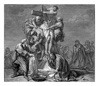 Christ is taken down from the cross by Nicodemus, Joseph and others.