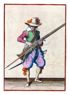 A soldier, full-length, to the right, holding a musket (a type of firearm) with his left hand. With his right hand he presses a burning fuse on the cock