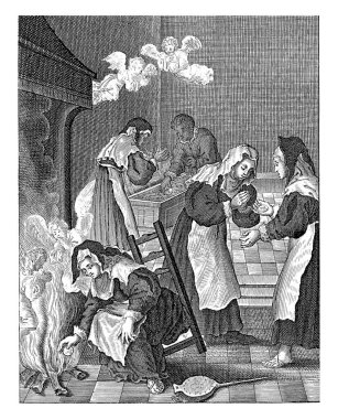 The woman picks up the intact host from the fire, in the background she shows the host and it is stored in a chest.