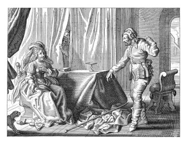 The Greek philosopher Hipparchia van Maroneia is sitting at the table and her future husband Krates van Thebes proposes to her.