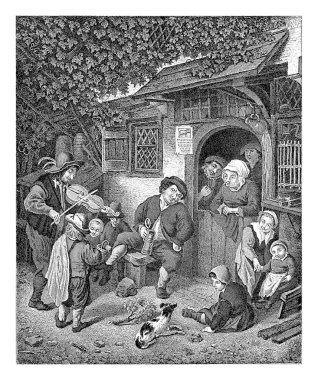 A man with a violin and a boy with a hurdy-gurdy are playing music at an inn. Adults and children listen. A woman is leaning over the bottom door.