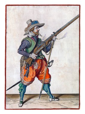 A soldier, full-length, to the right, holding a musket (a particular type of firearm) with the right hand angled upwards, while placing a furket (musket fork) under the barrel.
