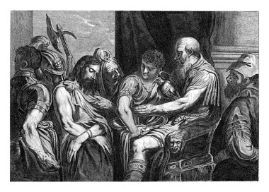 Pilate pours water from a pitcher into a bowl held by a servant. Christ stands before him with his head bowed and arms crossed. With bystanders including a soldier with halberd.