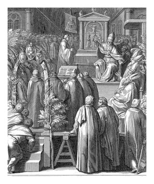 Church interior with Pope John XXII pointing to an image of Thomas Aquinas. He is surrounded by monks and bishops.