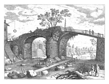 A stone, partly wooden bridge over a river. Under the bridge is a jetty on which is a angler with a dog is standing. On the left of the stairs a woman with a bucket.