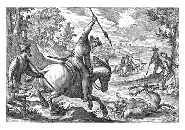 River landscape with riders and hunters with spears on deer hunting. In the right foreground a deer in the river that is being hunted by three dogs