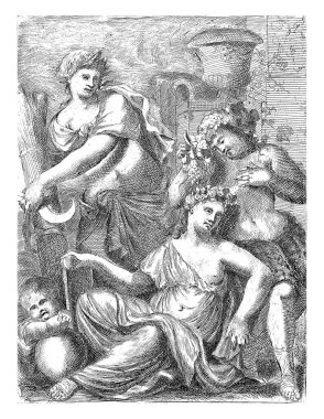 Venus and Amor, accompanied by Ceres and Bacchus. Depiction of the saying 'Without bread and wine love freezes'