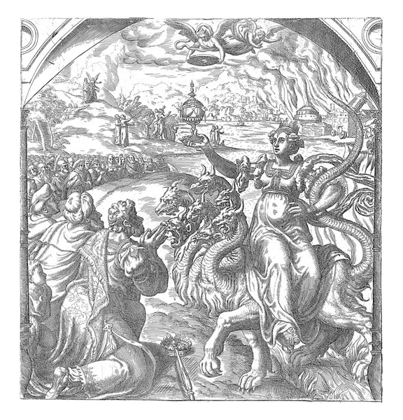 Foreground Harlot Babylon Sitting Dragon Seven Heads Ten Horns Golden — Stock fotografie