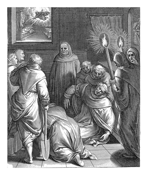 Monk Lifts Body Thomas Aquinas His Grave Other Monks Watching — 图库照片