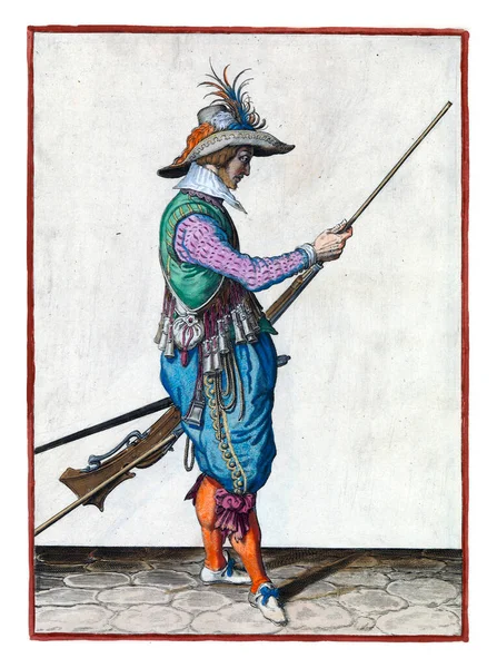 A soldier, full-length, to the right, holding a musket (a certain type of firearm) with his left hand by his left thigh and with his right hand propelling his ramrod to push powder and bullet