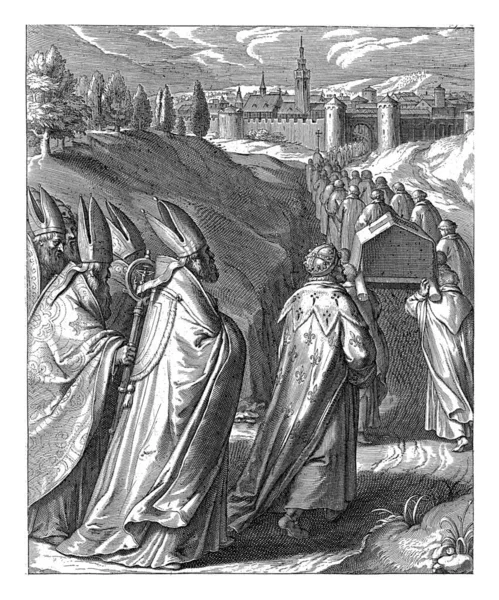 Landscape Four Monks Carrying Chest Thomas Aquinas Led Several Monks — Fotografia de Stock