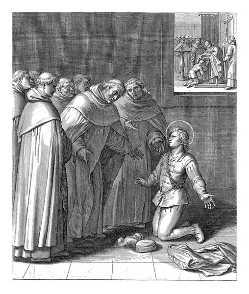 Interior Young Thomas Aquinas Kneeling Front Group Monks Dominican Habit — Stock Fotó