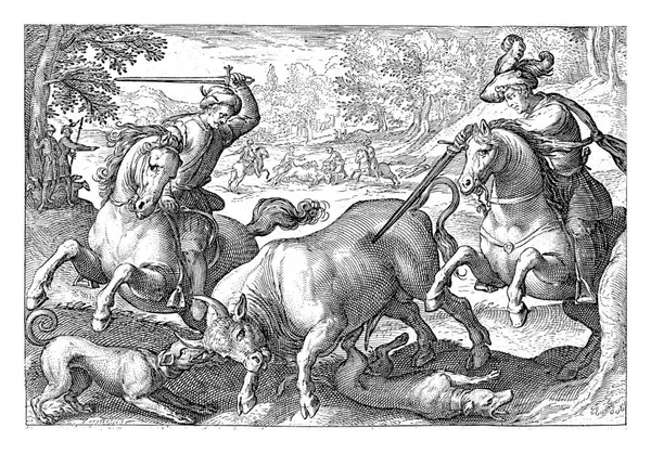 Landscape Foreground Two Horsemen Spears Two Dogs Chasing Bull Background — Φωτογραφία Αρχείου