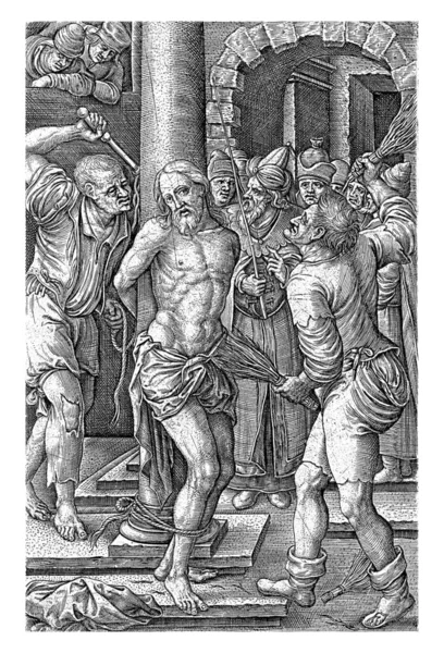 Christ Dressed Loincloth Tied Pillar Flogged Two Men One Rod — Fotografia de Stock