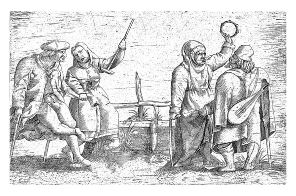 Crippled Couple Two Crippled Musicians Lute Tambourine Next Them Print — Photo