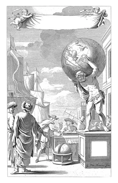 Some merchants and sailors stand by a statue of Atlas carrying the heavenly sphere on his shoulders.