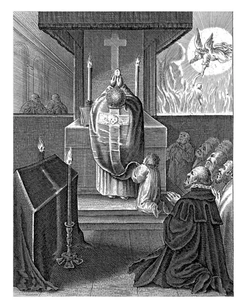 Die Trauerfeier Hält Der Priester Das Heilige Sakrament Rechts Hintergrund — Stockfoto