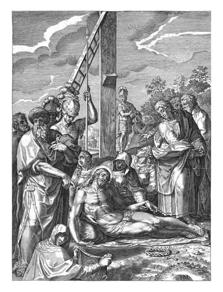 Christ Foot Cross Supported Mary Next Her John Baptist — Stock Photo, Image