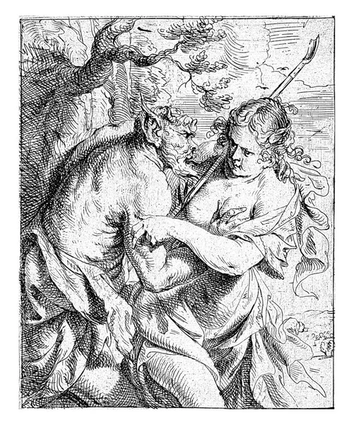 Satyr Embraces Shepherdess Touches Her Breast She Tries Ward Him — Fotografia de Stock