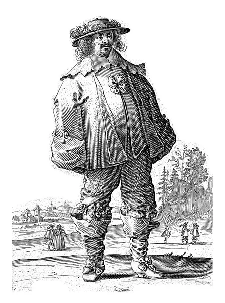 Standing Man Landscape Dressed According Dutch Fashion Circa 1625 Background — Stock Fotó