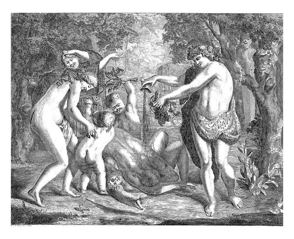 Landscape Bacchanal Foreground Bacchus Emptying His Cup Wine Two Bacchantes — Photo