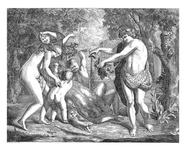 Landscape Bacchanal Foreground Bacchus Emptying His Cup Wine Two Bacchantes —  Fotos de Stock