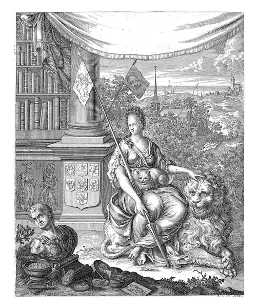 Dutch Virgin Sits Dutch Lion Cat Her Lap Two Banners — Φωτογραφία Αρχείου