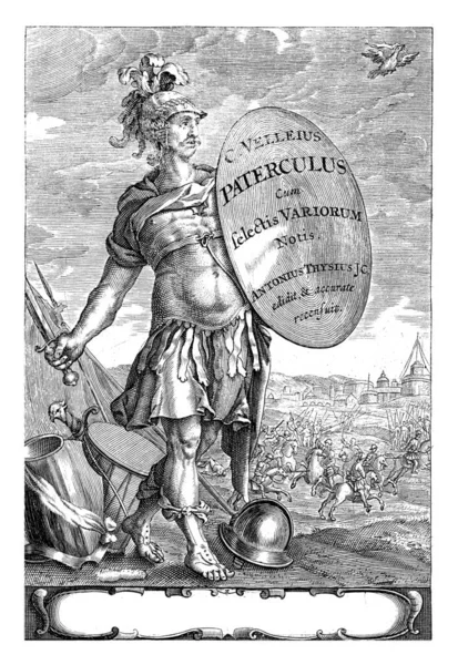 Roman Warrior Profile Right Holds Shield Text Title His Left — ストック写真