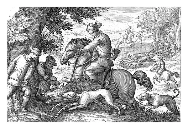 Landscape Rider Two Men Three Dogs Catching Wild Boar Foreground — Stock Fotó