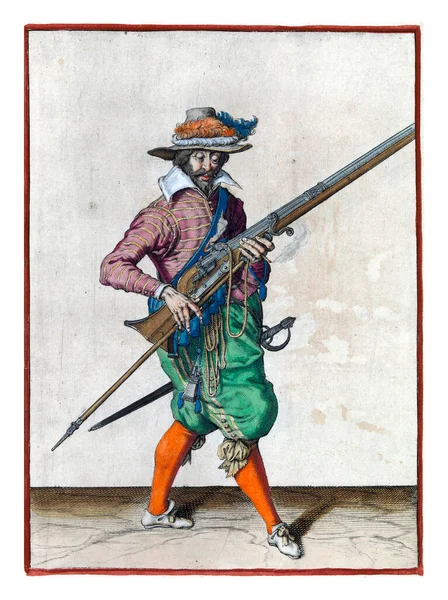 Soldier Full Length Right Holding Musket Certain Type Firearm His — Stock Fotó