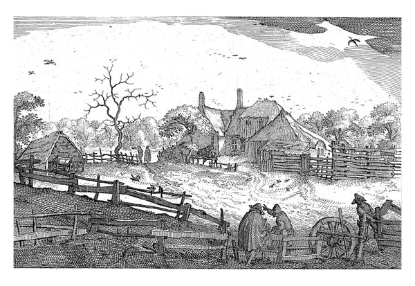 View Country Road Which Inn Located Foreground Three Figures Wooden — Φωτογραφία Αρχείου