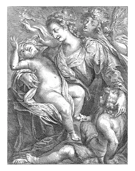 Mary Sits Carries Christ Child Her Arms John Baptist Sitting — Φωτογραφία Αρχείου