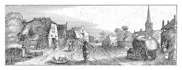 View Wide Country Road Village Diemen Foreground Man Pitchfork Some — Φωτογραφία Αρχείου