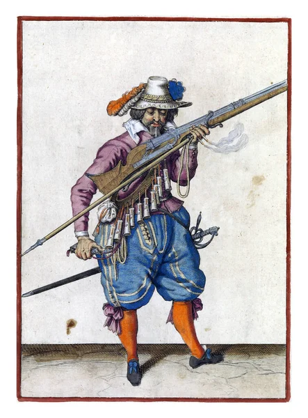 Soldier Full Length Right Holding Musket Certain Type Firearm His — Stock Fotó