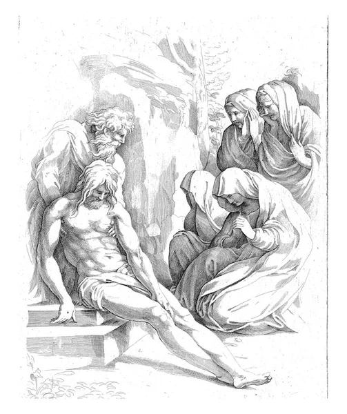 Christ Placed Rock Tomb Joseph Arimathea Right Group Mourning Women — Stock Photo, Image