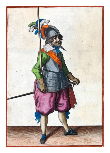 Full Length Soldier Holding Spear Lance His Right Hand Leaning — Zdjęcie stockowe