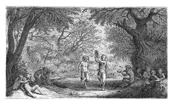 Bacchanal Partying Satyrs Wood Nymphs Forest Couple Dancing Middle — Zdjęcie stockowe