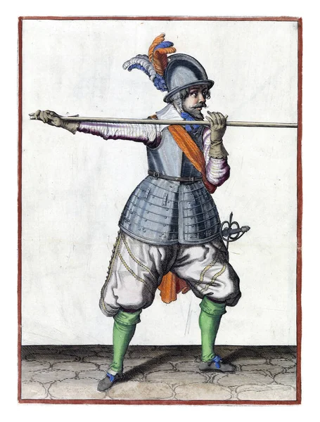 Soldier Full Length Carrying Spear Lance Both Hands Horizontally Shoulder — Zdjęcie stockowe